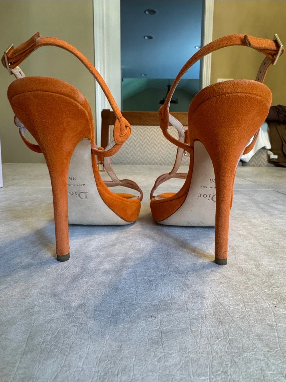 Dior Orange Suede T-Strap Slingback Heels